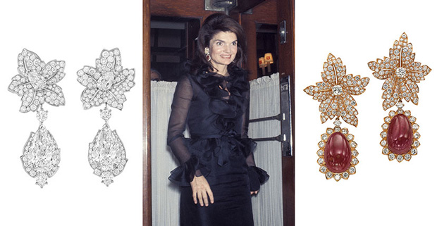 در سال 1970 ، ژاکلین کندی اوناسیس گوشواره های Van Cleef & Arpels را برای صرف شام در La Cote Bask پوشید. گوشواره های ژاکلین (راست) ؛ جواهرات ون کلیف اند آرپلز «Van Cleef & Arpels» را که الهام گرفته اند (سمت چپ)